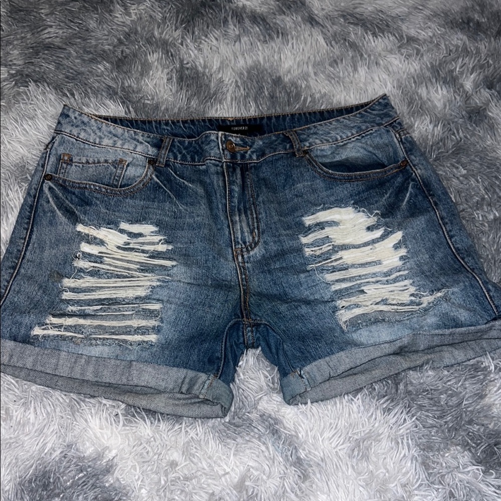 Forever 21 Distressed Denim Jean Shorts - Blue